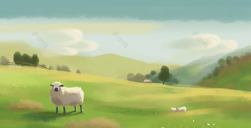 春日夏日季节在一望无际的绿色大草原上的几只绵羊羊羔风景插画,插画/手绘图,插画/手绘图库,插画/手绘图下载,插画/手绘